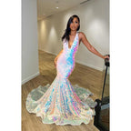 Vestido formal de noche de graduación con escote en V, sin mangas, espalda descubierta y lentejuelas, corte trompeta/sirena