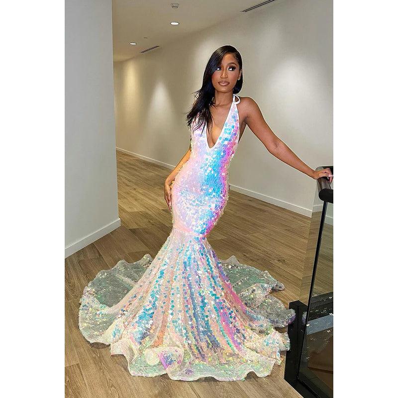 Vestido formal de noche de graduación con escote en V, sin mangas, espalda descubierta y lentejuelas, corte trompeta/sirena