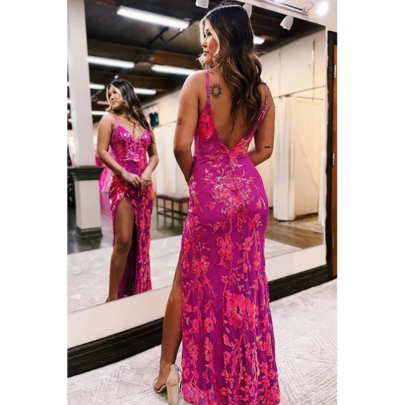 Fuchsia Pailletten Spitze V-Ausschnitt Meerjungfrau Langes Ballkleid