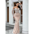 Glamouröses und dramatisches schulterfreies Ballkleid im Trompeten-/Meerjungfrauenstil mit langen Ärmeln und Perlen