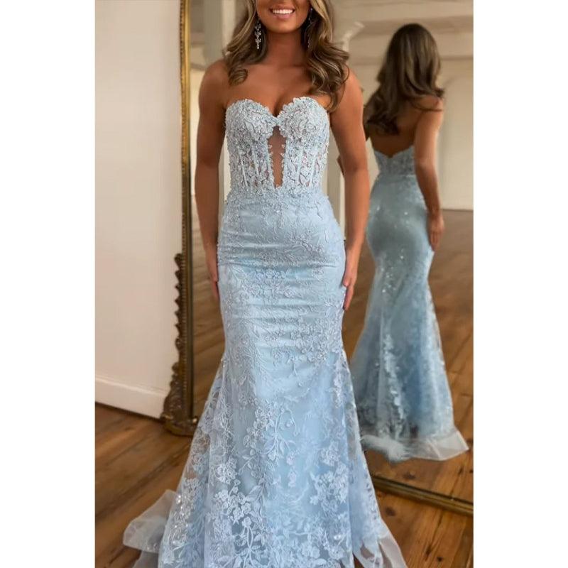 Vestido de noche para fiesta de graduación con apliques de encaje y corte trompeta sin tirantes y escote corazón 