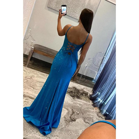 Sheath V-neck Straps Beaded Blue Long Prom Dress with Slit Evening Gowns