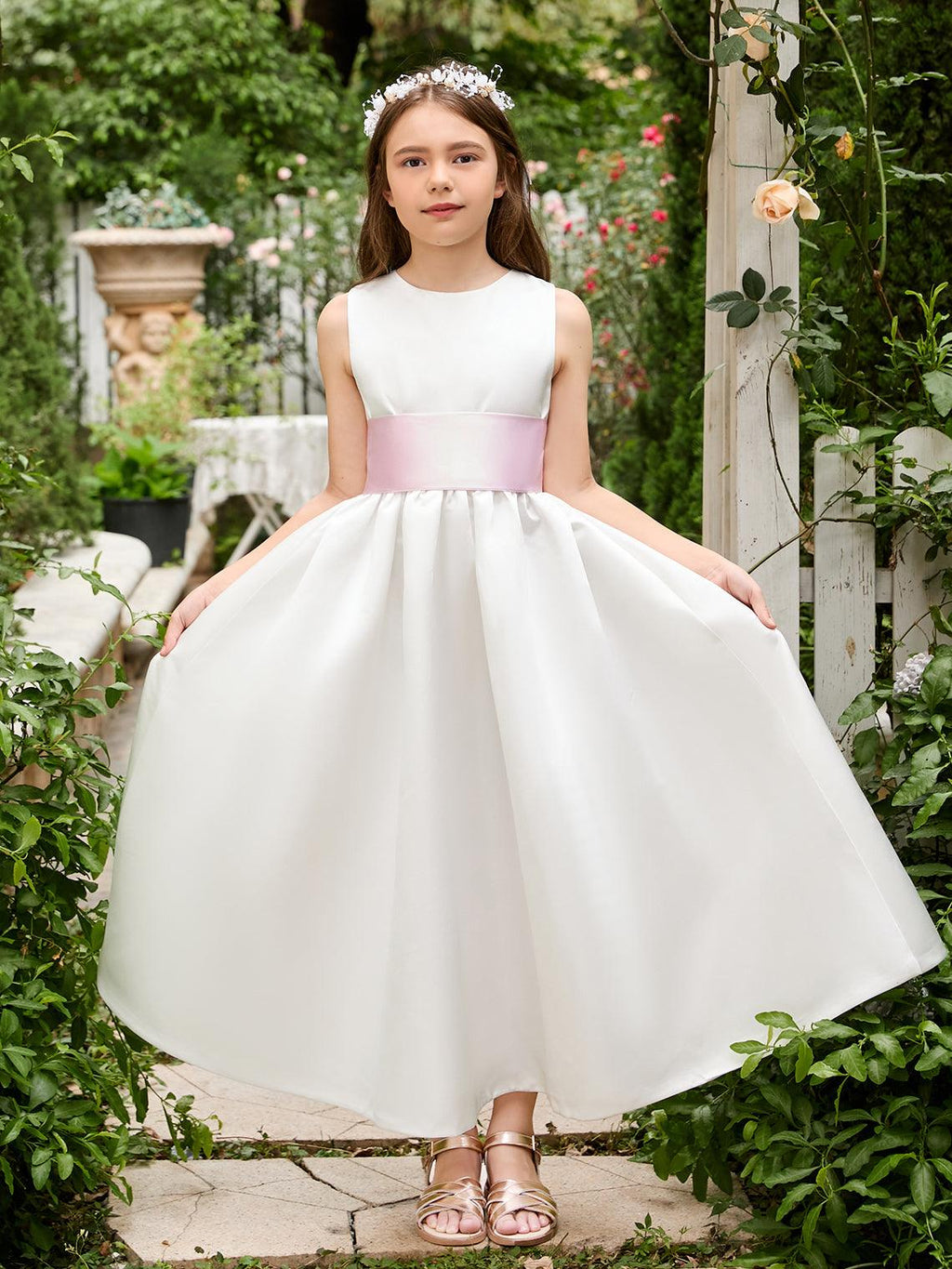 Vestido de fiesta para niña de las flores de satén color marfil con lazo | Vestido de tul hasta los tobillos (010007314) 