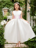 Vestido de fiesta para niña de las flores de satén color marfil con lazo | Vestido de tul hasta los tobillos (010007314) 