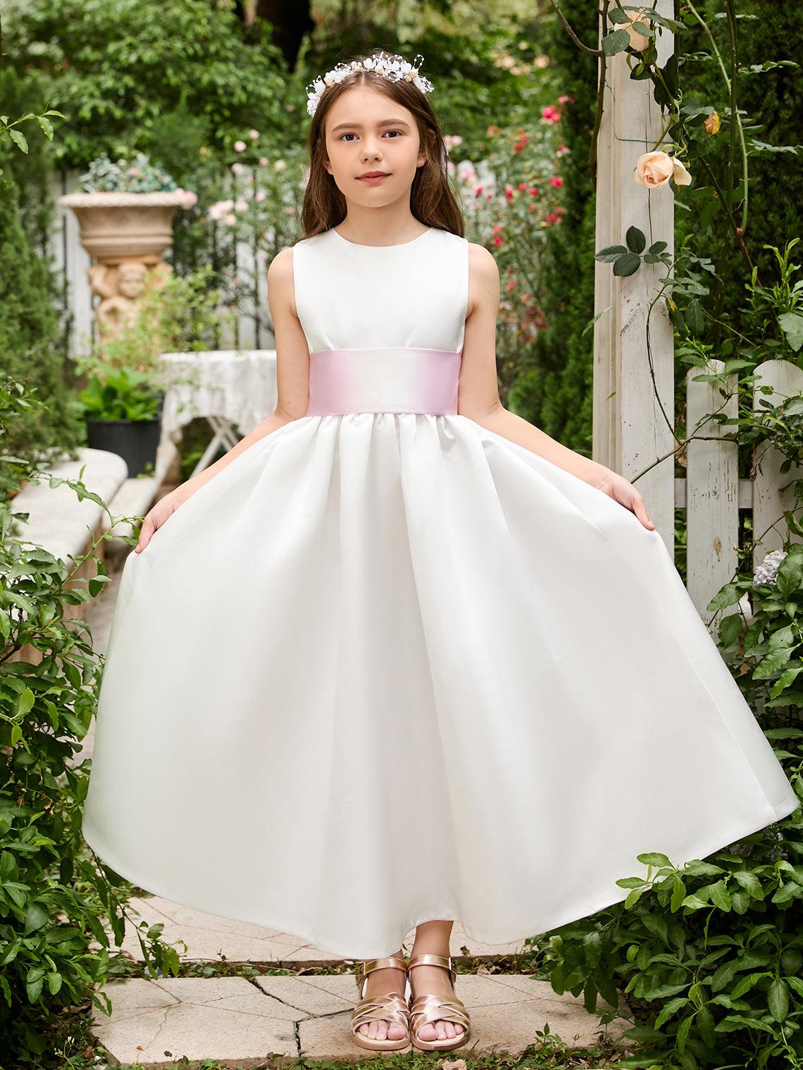 Vestido de fiesta para niña de las flores de satén color marfil con lazo | Vestido de tul hasta los tobillos (010007314) 