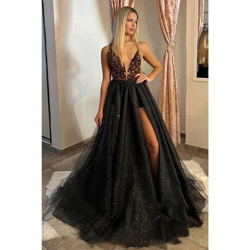Vestido de fiesta largo brillante con escote en V pronunciado y falda desmontable