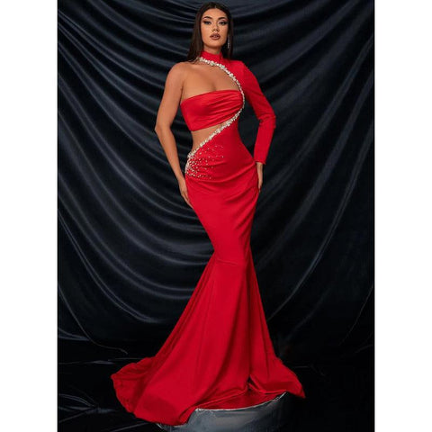Sexy & Fitted High Neck Beaded Pleats Strapless Satin Long Sleeves Formal Dress