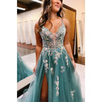 Vestido de noche para fiesta de graduación, corte en A, escote en forma de corazón, tirantes finos, apliques y abertura lateral 