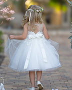 Vestido de niña de las flores de primera comunión de tul con encaje hasta la rodilla 