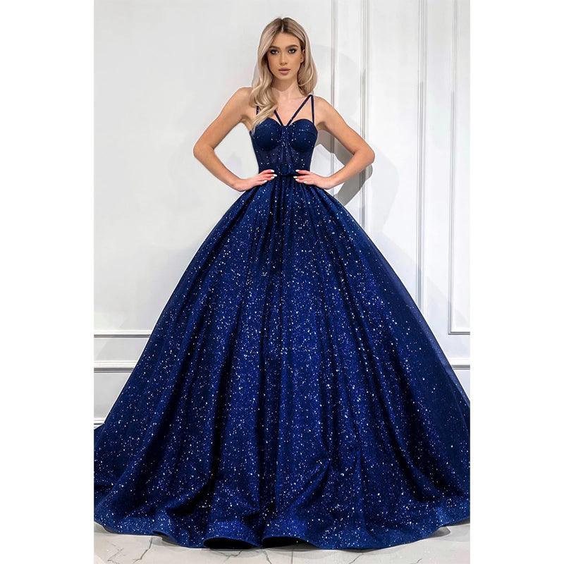 Vestido de fiesta brillante de corte A con tirantes finos y bolsillos 