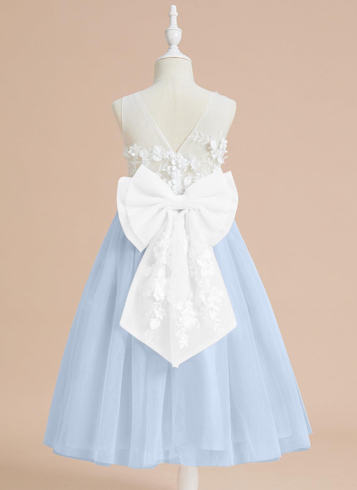 Vestido largo hasta la rodilla con encaje floral y lazo grande 