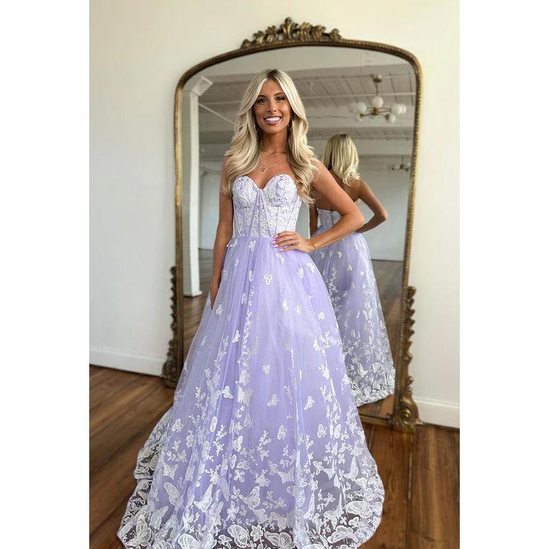 Sweetheart Strapless Sleeveless Lace Tulle A-Line Long Prom Evening Dress