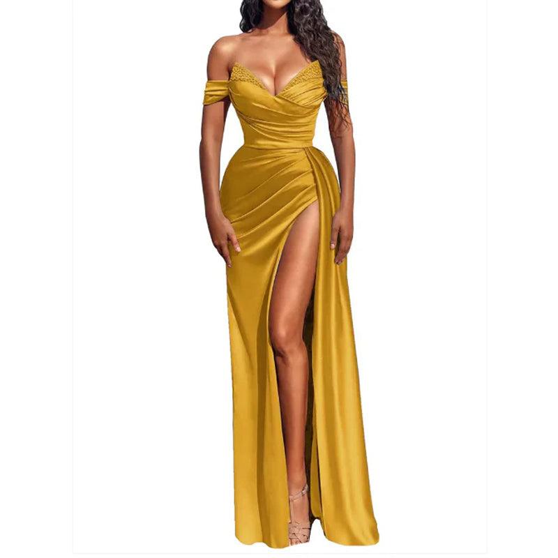 Vestido de fiesta largo plisado con escote en V y abertura sexy