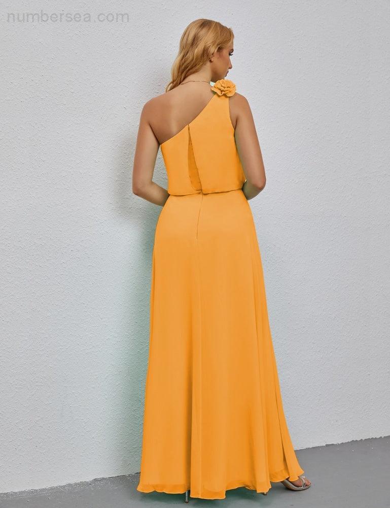 Ruffled One Shoulder Sleeveless Long Bridesmaid Dresses A-line Formal Evening Gown Side Split 28080-numbersea