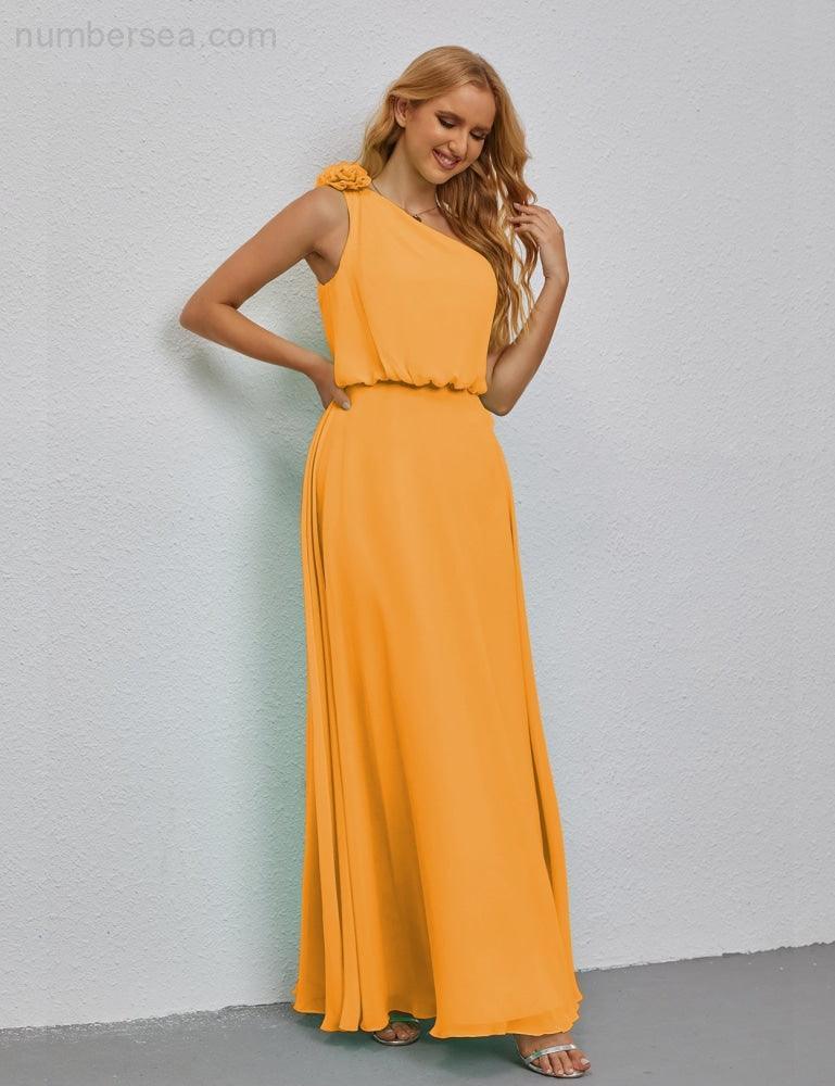 Ruffled One Shoulder Sleeveless Long Bridesmaid Dresses A-line Formal Evening Gown Side Split 28080-numbersea