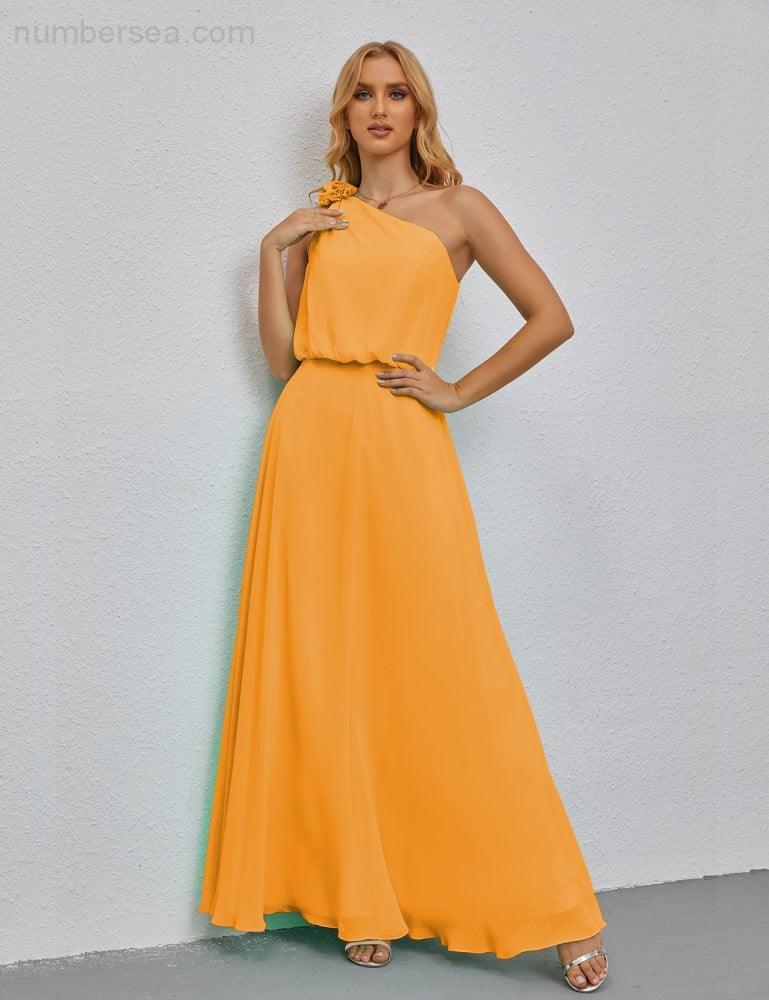 Ruffled One Shoulder Sleeveless Long Bridesmaid Dresses A-line Formal Evening Gown Side Split 28080-numbersea