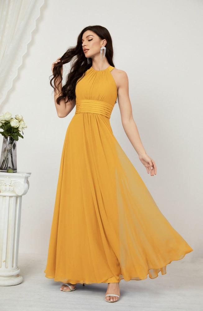 Numbersea Formal Party Gown Dress Chiffon Halter Long Sleeveless Bridesmaid Dresses 2802 Mustard