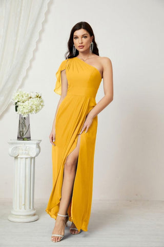 Numbersea Chiffon Ruffled One Shoulder Long Bridesmaid Dresses A-line Formal Evening Gown Side Split 2809-numbersea