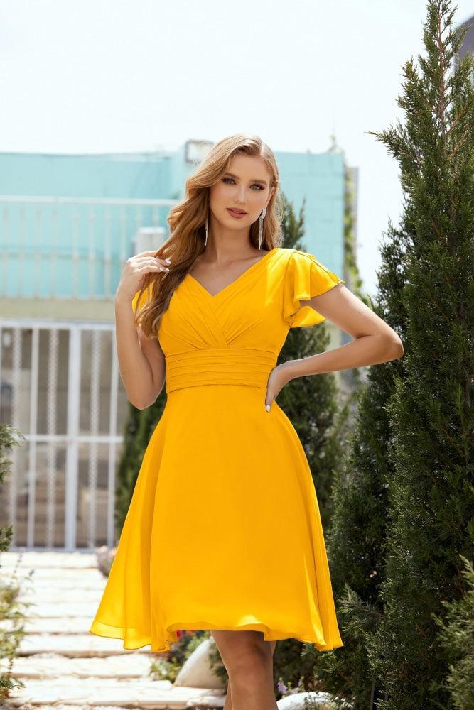 Neck Chiffon Bridesmaid Dresses Formal Cocktail Prom Gown Homecoming 28013 Mustard Yellow