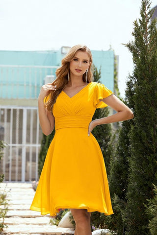 Neck Chiffon Bridesmaid Dresses Formal Cocktail Prom Gown Homecoming 28013 Mustard Yellow
