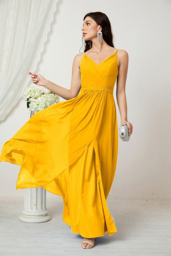 Numbersea Chiffon V-Neck Bridesmaid Dress Spaghetti Strap Long Formal Party Prom Gowns with Slit 28010-numbersea