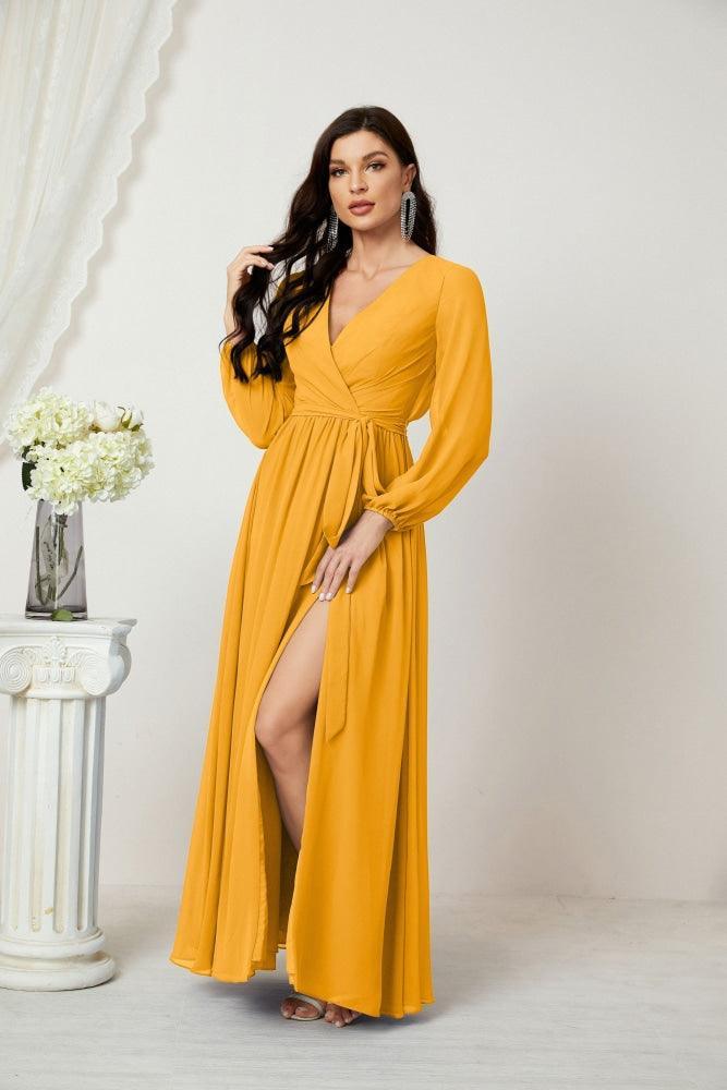 Numbersea Evening Dresses Deep V-Neck Chiffon Bridesmaid Dresses Long Bishop Sleeve Side Split Formal Dress 2806-numbersea