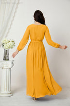 Numbersea Evening Dresses Deep V-Neck Chiffon Bridesmaid Dresses Long Bishop Sleeve Side Split Formal Dress 2806-numbersea