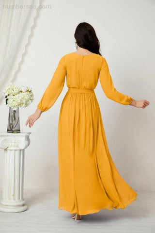 Numbersea Evening Dresses Deep V-Neck Chiffon Bridesmaid Dresses Long Bishop Sleeve Side Split Formal Dress 2806-numbersea