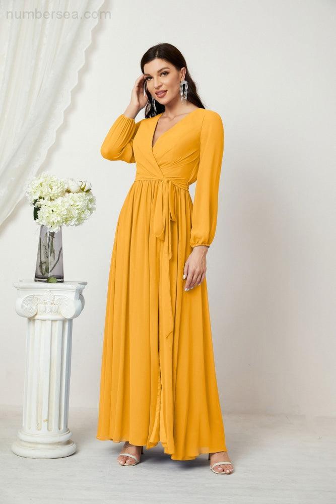 Numbersea Evening Dresses Deep V-Neck Chiffon Bridesmaid Dresses Long Bishop Sleeve Side Split Formal Dress 2806-numbersea