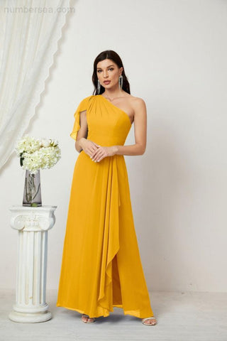 Numbersea Chiffon Ruffled One Shoulder Long Bridesmaid Dresses A-line Formal Evening Gown Side Split 2809-numbersea