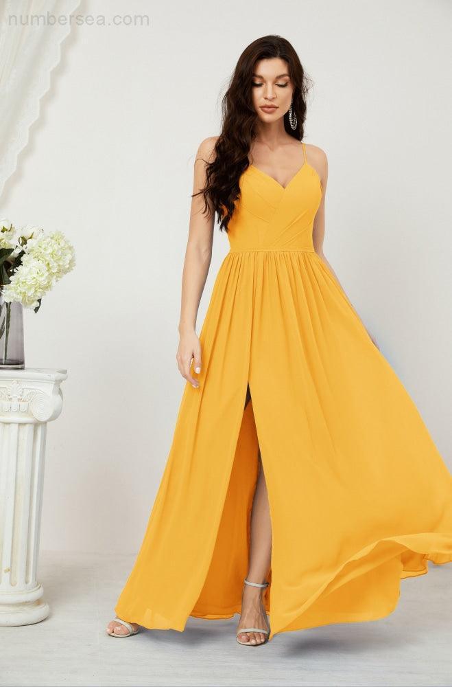 Numbersea Neck Bridesmaid Dresses Chiffon Long Spaghetti A-line Formal Prom Gown for Wedding Party Evening 2801-numbersea