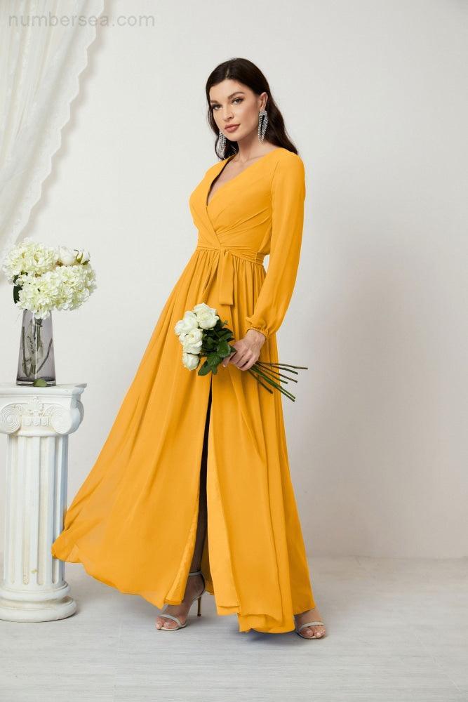 Numbersea Evening Dresses Deep V-Neck Chiffon Bridesmaid Dresses Long Bishop Sleeve Side Split Formal Dress 2806-numbersea