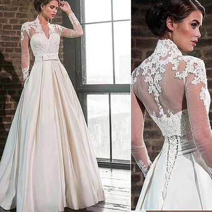 NumberSea Vintage Sweetheart Ivory Satin Wedding Dresses with Pockets,MW414