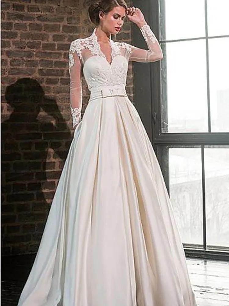 Numbersea 2 Pieces Sweetheart Satin Wedding Dresses With V Neck Lace Jacket A-line Long Sleeve 2 in 1 Princess Bridal Gowns Robe de Mariee 2 Pieces Numbersea 2 Pieces Sweetheart Satin Wedding Dresses With V Neck Lace Jacket A-line Long Sleeve 2 in 1 Princess Bridal Gowns Robe de Mariee 2 Pieces