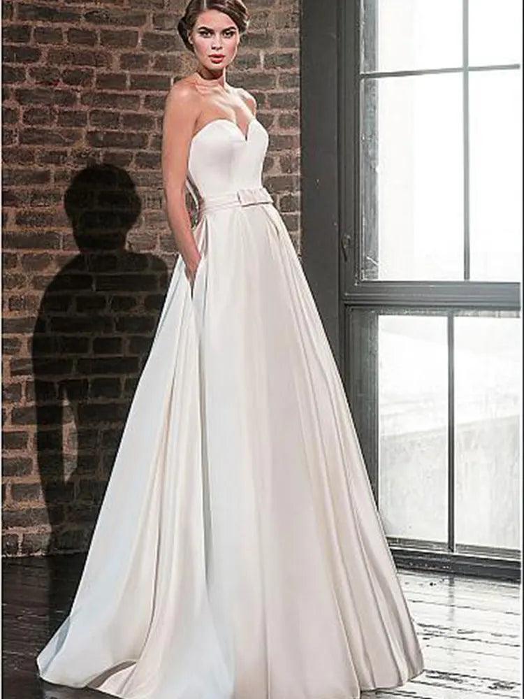 Numbersea - Vestido de novia de satén con escote en V, chaqueta de encaje, corte en A, manga larga, 2 en 1, estilo princesa
