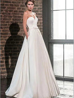 Numbersea - Vestido de novia de satén con escote en V, chaqueta de encaje, corte en A, manga larga, 2 en 1, estilo princesa