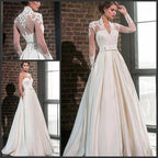Numbersea - Vestido de novia de satén con escote en V, chaqueta de encaje, corte en A, manga larga, 2 en 1, estilo princesa