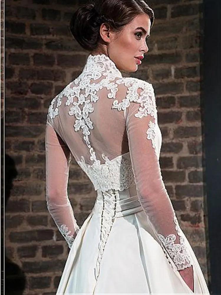 Numbersea - Vestido de novia de satén con escote en V, chaqueta de encaje, corte en A, manga larga, 2 en 1, estilo princesa