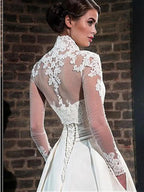 Numbersea - Vestido de novia de satén con escote en V, chaqueta de encaje, corte en A, manga larga, 2 en 1, estilo princesa
