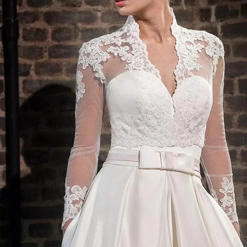 Numbersea - Vestido de novia de satén con escote en V, chaqueta de encaje, corte en A, manga larga, 2 en 1, estilo princesa