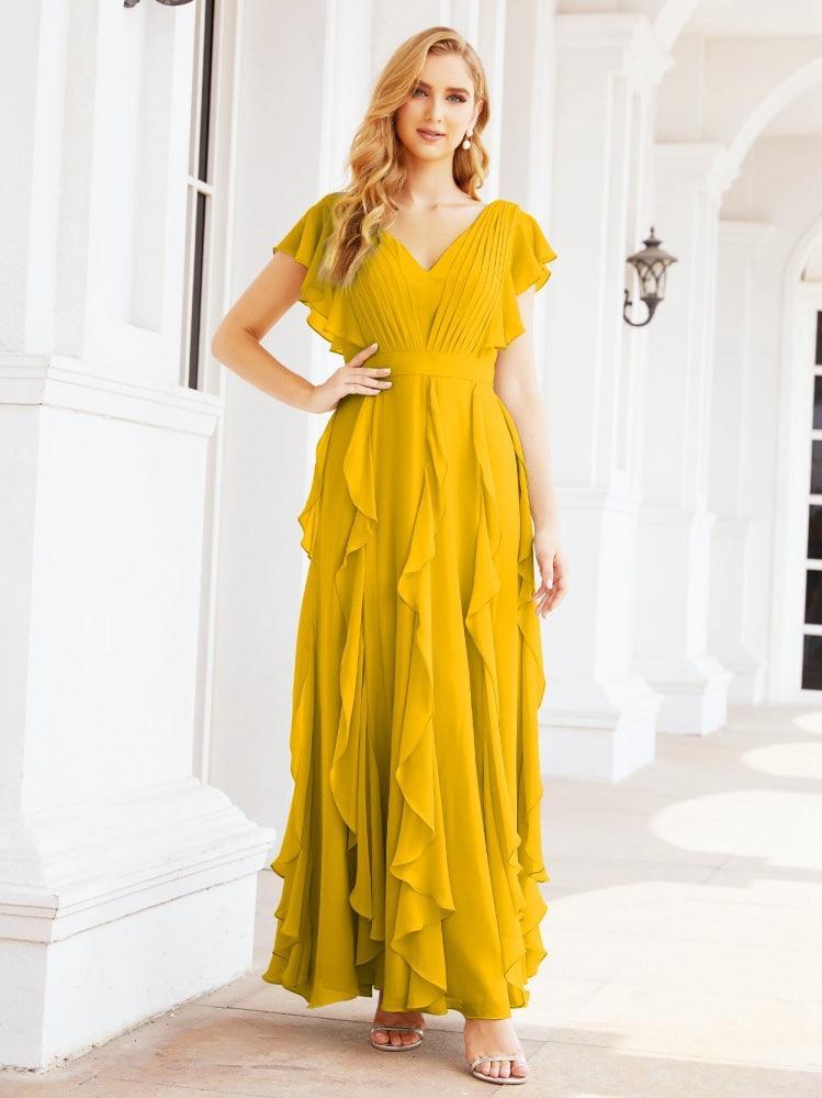 Ruffled Bridesmaid Dresses with Sleeves Long Formal Party Dress 28041-numbersea