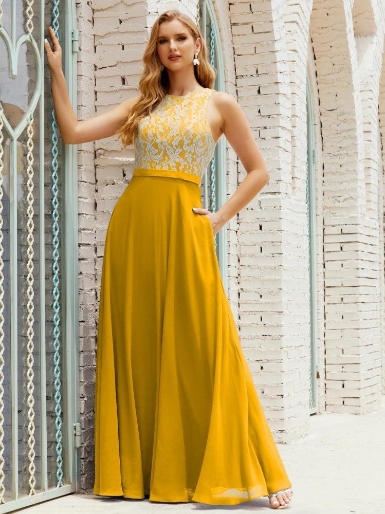 Lace Bridesmaid Dress Floor Length Evening Gowns with Pockets 28017-numbersea