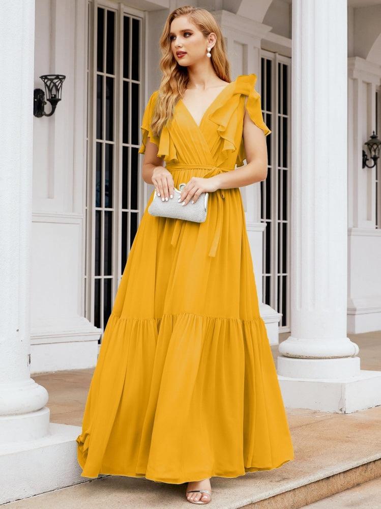Numbersea Women's Open Back Formal Evening Party Prom Gowns V-Neck Long Chiffon Bridesmaid Dresses with Waist Belt 28038-numbersea