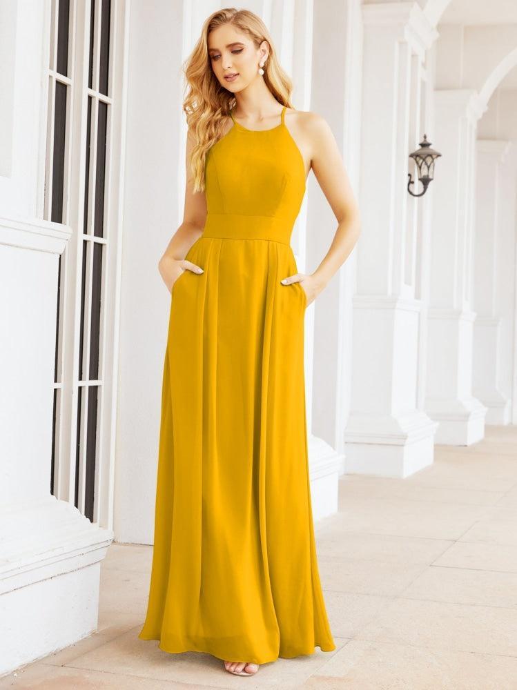 Numbersea Halter Bridesmaid Dresses with Pockets Sleeveless Formal Evening Party Prom Gowns 28055-numbersea