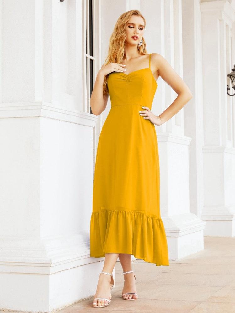 Numbersea Women Strap Chiffon Bridesmaid Dress Ankle Length Sleeveless Blackless Ruffle A Line