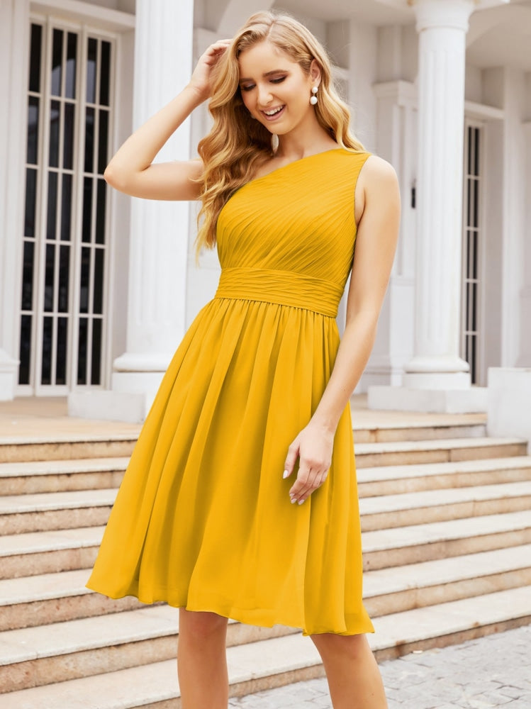 Numbersea Homecoming Dress One Shoulder Pleated Short Formal Prom Gowns 28046 Mustard Yellow
