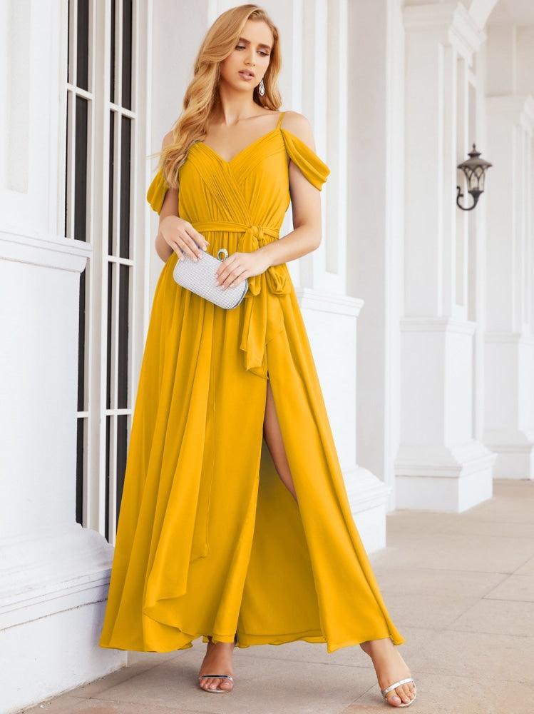 Numbersea Off The Shoulder Chiffon Bridesmaid Dress Long Formal Graduation Gown with Cowl Back 28069-numbersea