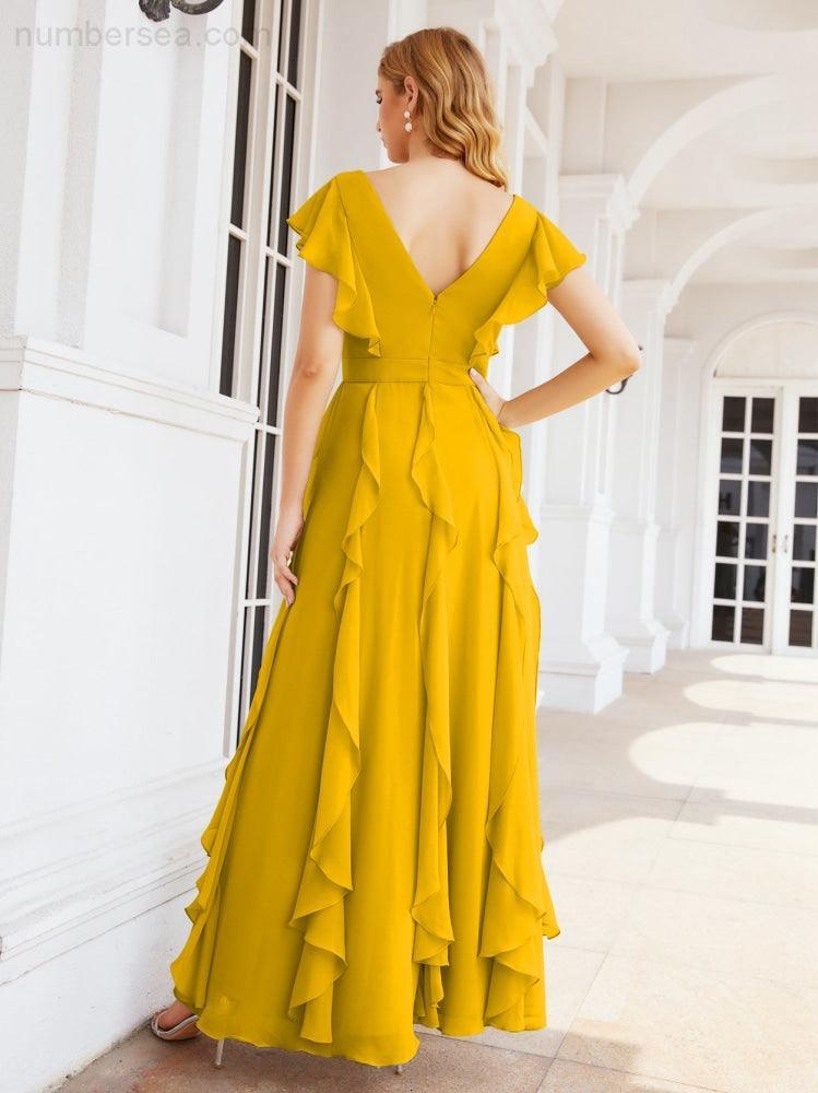 Ruffled Bridesmaid Dresses with Sleeves Long Formal Party Dress 28041-numbersea