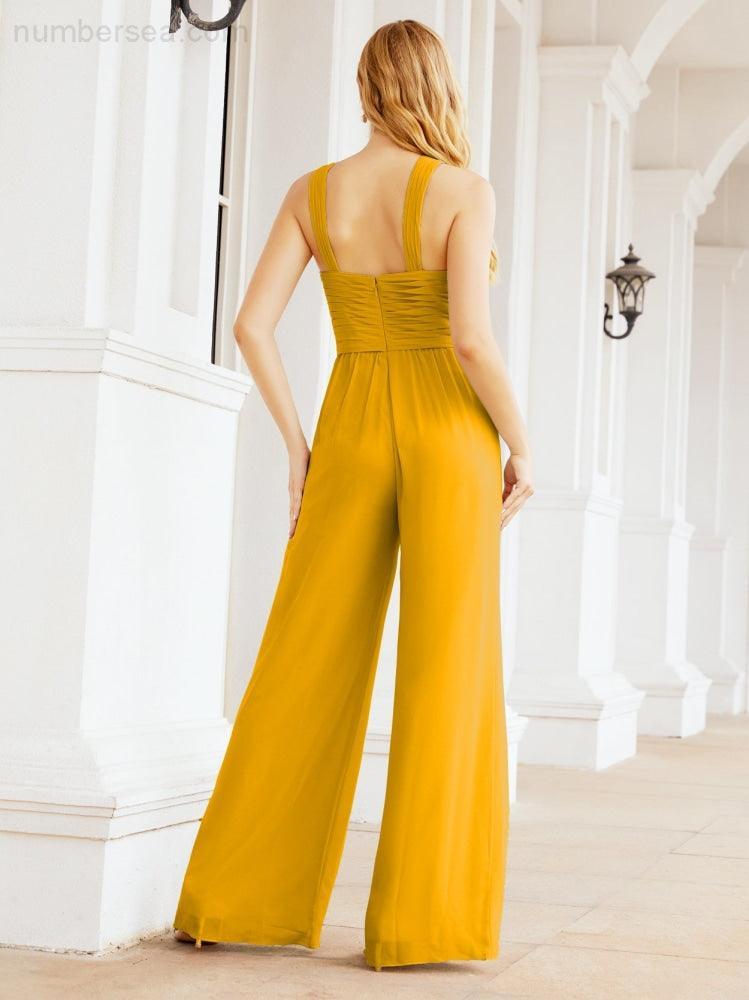 Numbersea Crisscross Neck Jumpsuit Formal Evening Dress Long Bridesmaid Dresses Bell-bottomed Pants 28033-numbersea