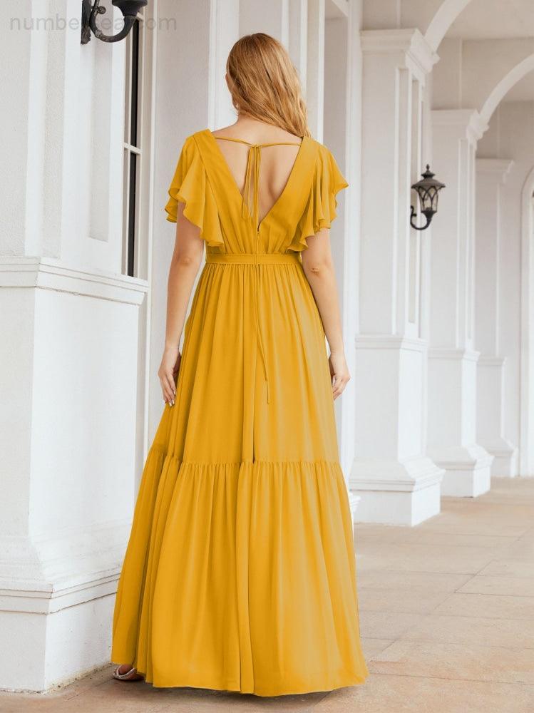 Numbersea Women's Open Back Formal Evening Party Prom Gowns V-Neck Long Chiffon Bridesmaid Dresses with Waist Belt 28038-numbersea